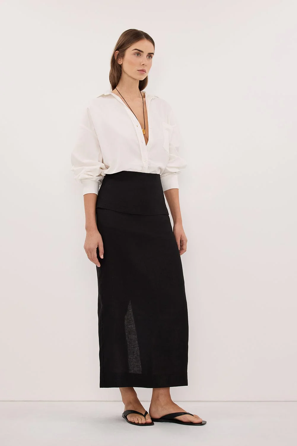 YARA BLACK LINEN FOLDOVER MIDI SKIRT - Image 3